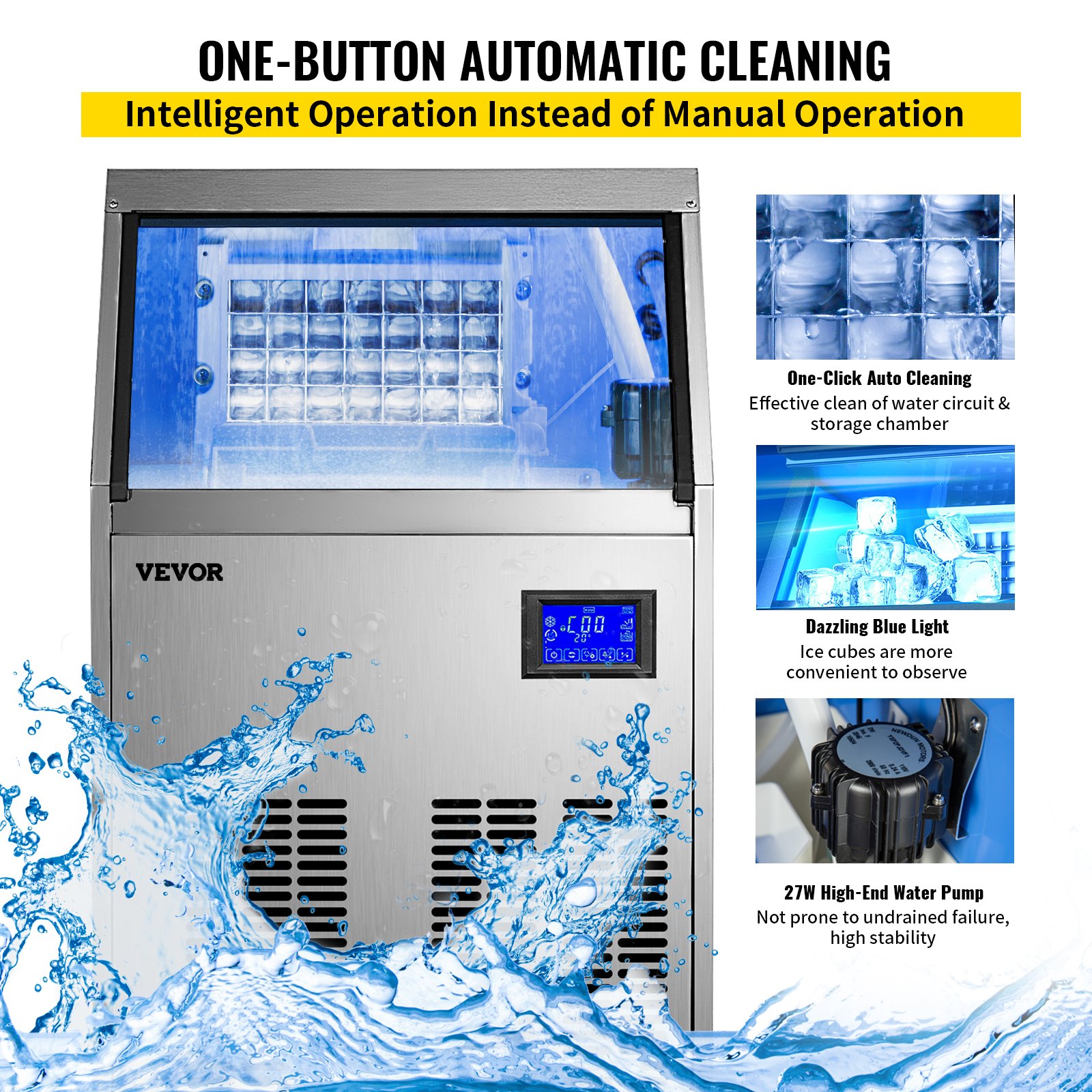 VEVOR Commercial Ice Maker 220V Stainless Steel Ice Cube Maker Machine 110LBS/24H Ice Making Machine Intelligent LCD Control Panel with Water Drain Pump for Home Bars Restaurants