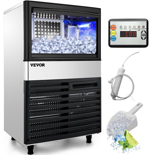 VEVOR 110V Commercial Ice Maker Machine 155LBS/24H with 39LBS Bin, LED Panel, Stainless Steel, Auto Clean, Include Water Filter, Scoop, Connection Hose, Professional Refrigeration Equipment