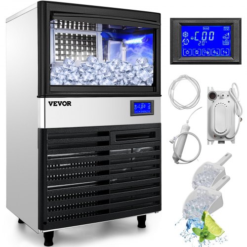 VEVOR 110V Commercial ice Maker Machine 110LBS/24H with 39LBS Bin and Electric Water Drain Pump, Stainless Steel Ice Machine, Auto Operation, Include Water Filter 2 Scoops and Connection Hose