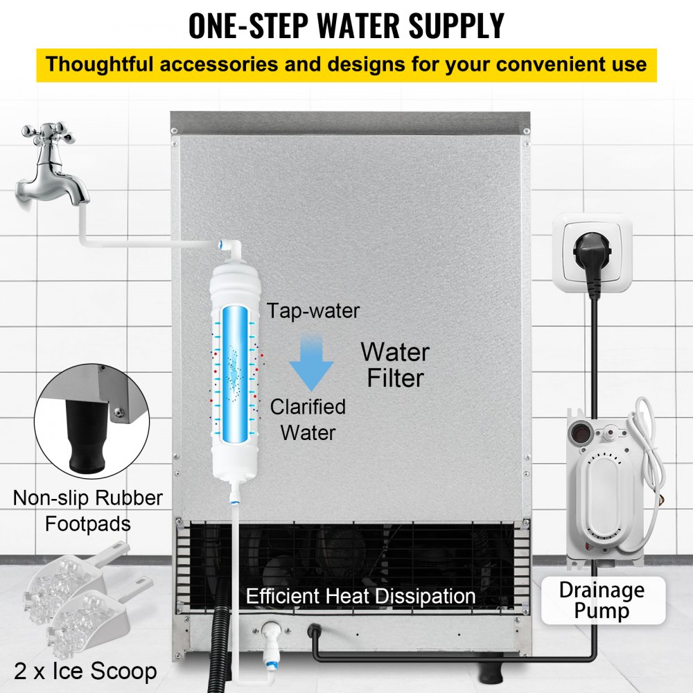 VEVOR 110V Commercial ice Maker Machine 110LBS/24H with 39LBS Bin and Electric Water Drain Pump, Stainless Steel Ice Machine, Auto Operation, Include Water Filter 2 Scoops and Connection Hose