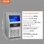 VEVOR commercial ice maker, stainless steel, metric dimensions and product specs shown.