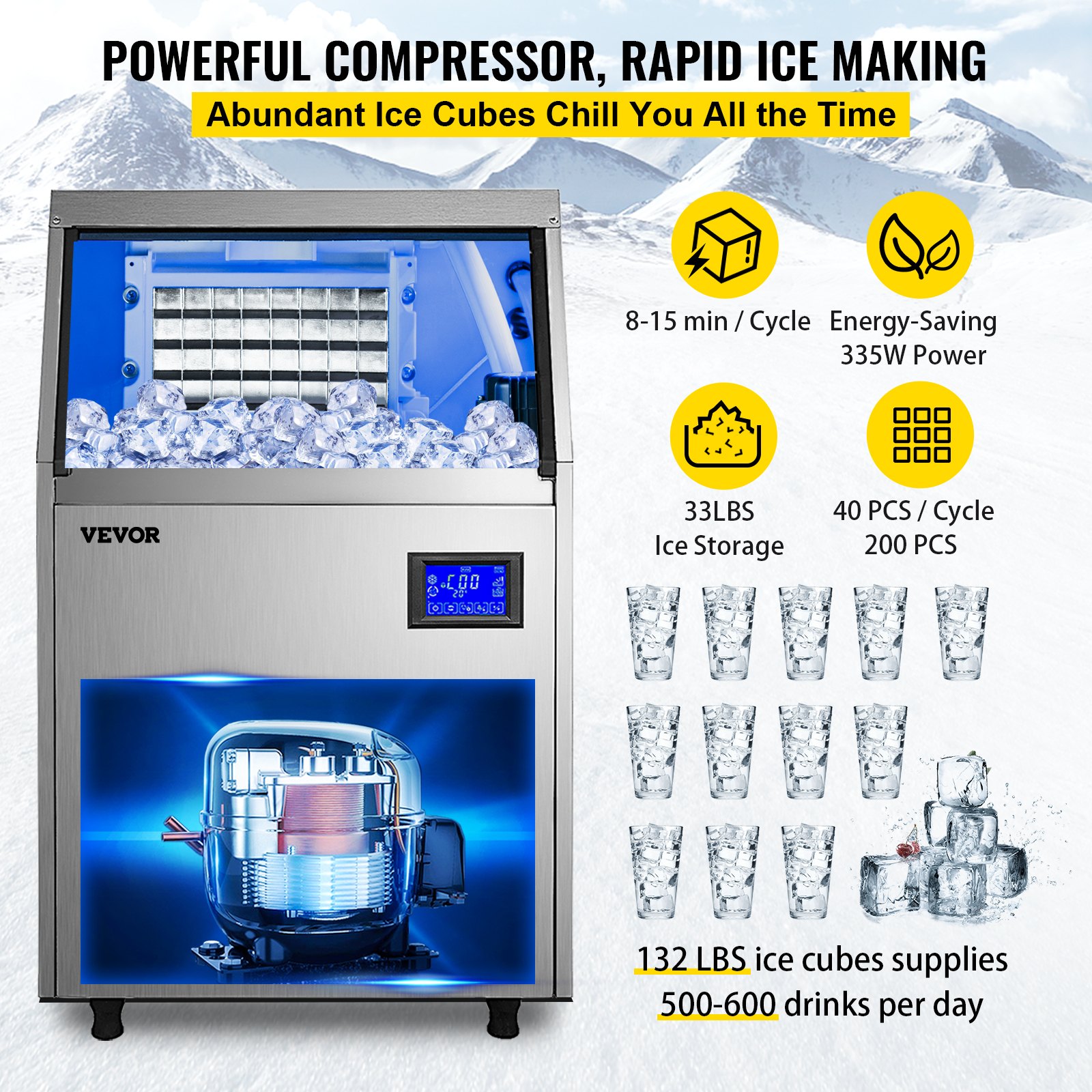 VEVOR Commercial Ice Maker, 132LBS/24H, Stainless Steel Ice Cube Maker Machine with 33 LBS Storage, 335W Ice Making Machine with LCD Control Panel Water Filter Drain Pump for Bars Restaurants, 220V