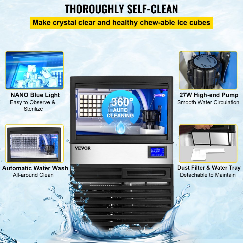 VEVOR 110V Commercial ice Maker Machine 132LBS/24H with 44LBS Bin and Electric Water Drain Pump, Stainless Steel Ice Machine, Auto Operation, Include Water Filter 2 Scoops and Connection Hose