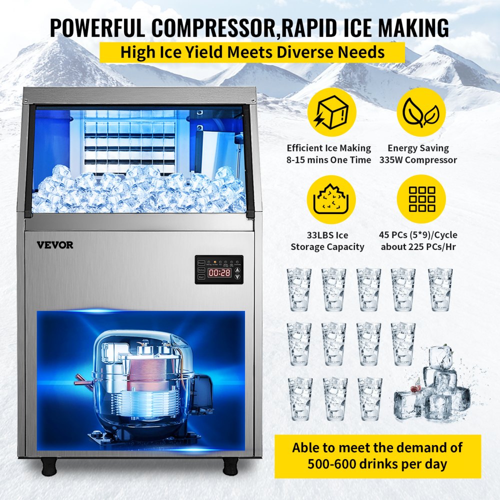 Máquina de hielo comercial VEVOR de 110 V, 150 libras/24 horas con capacidad de almacenamiento de 33 libras, máquina de hielo comercial de acero inoxidable, 45 cubitos de hielo por placa, máquina industrial para hacer hielo, limpieza automática para bar en casa