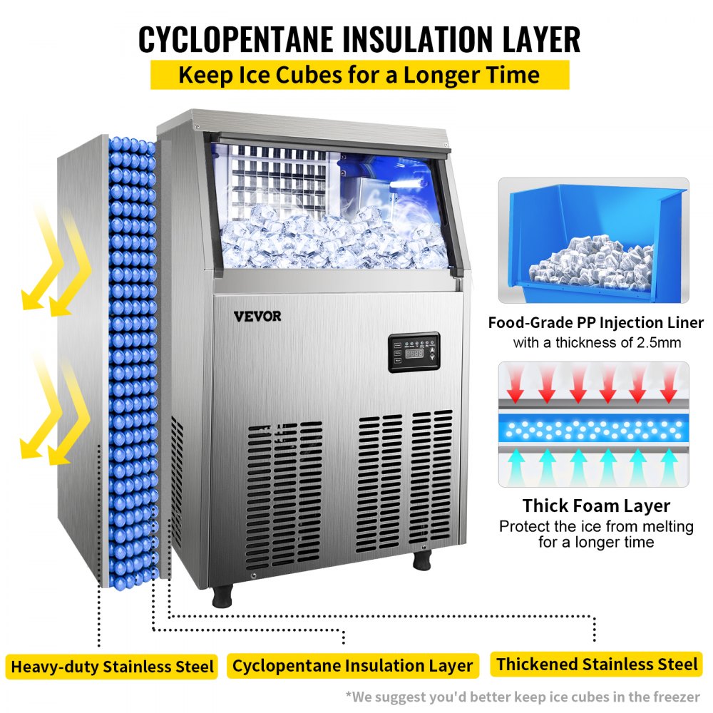 Máquina de hielo comercial VEVOR de 110 V, 150 libras/24 horas con capacidad de almacenamiento de 33 libras, máquina de hielo comercial de acero inoxidable, 45 cubitos de hielo por placa, máquina industrial para hacer hielo, limpieza automática para bar en casa