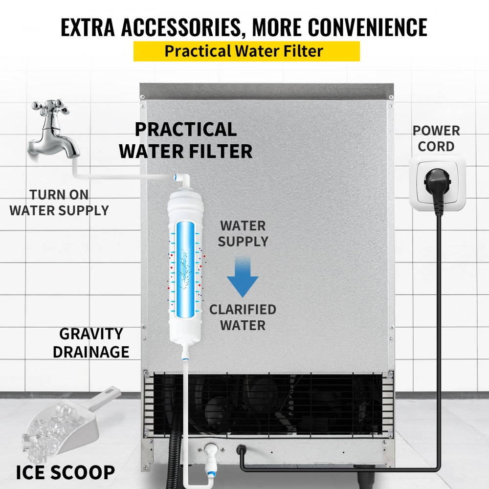 Máquina de hielo comercial VEVOR de 110 V, 150 libras/24 horas con capacidad de almacenamiento de 33 libras, máquina de hielo comercial de acero inoxidable, 45 cubitos de hielo por placa, máquina industrial para hacer hielo, limpieza automática para bar en casa