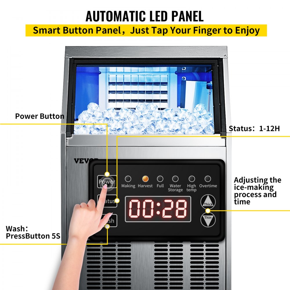 Máquina de hielo comercial VEVOR de 110 V, 150 libras/24 horas con capacidad de almacenamiento de 33 libras, máquina de hielo comercial de acero inoxidable, 45 cubitos de hielo por placa, máquina industrial para hacer hielo, limpieza automática para bar en casa