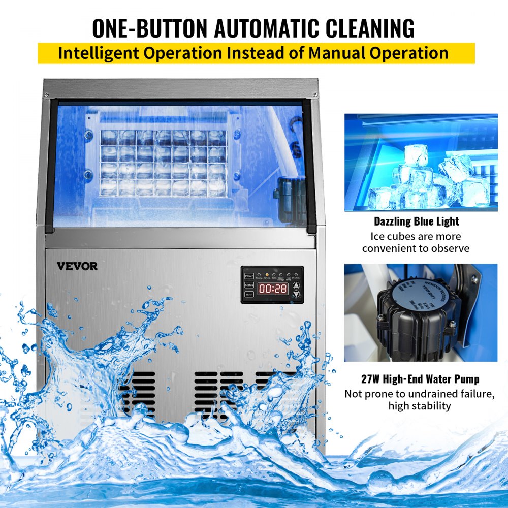 Máquina de hielo comercial VEVOR de 110 V, 150 libras/24 horas con capacidad de almacenamiento de 33 libras, máquina de hielo comercial de acero inoxidable, 45 cubitos de hielo por placa, máquina industrial para hacer hielo, limpieza automática para bar en casa