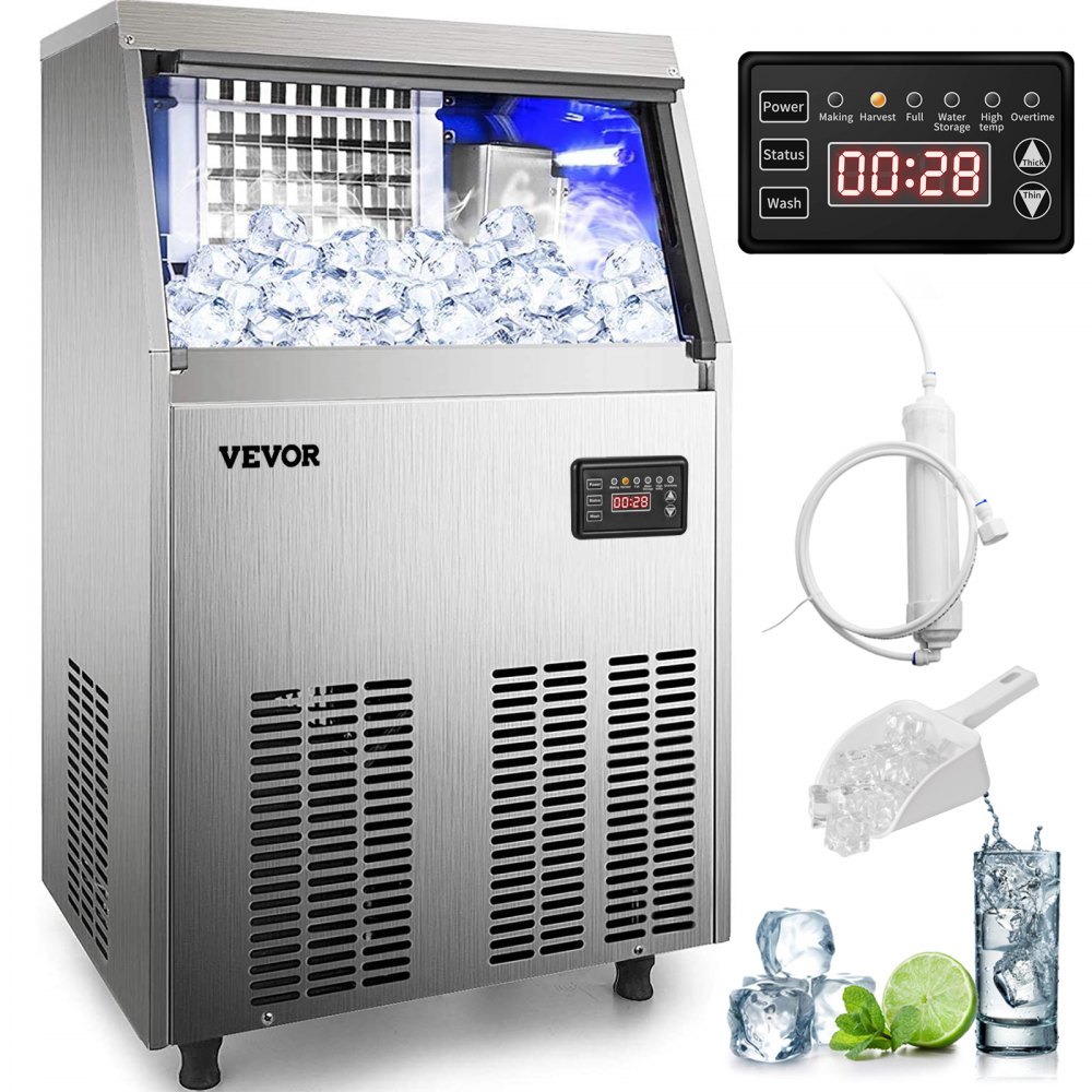 Máquina de hielo comercial VEVOR de 110 V, 150 libras/24 horas con capacidad de almacenamiento de 33 libras, máquina de hielo comercial de acero inoxidable, 45 cubitos de hielo por placa, máquina industrial para hacer hielo, limpieza automática para bar en casa