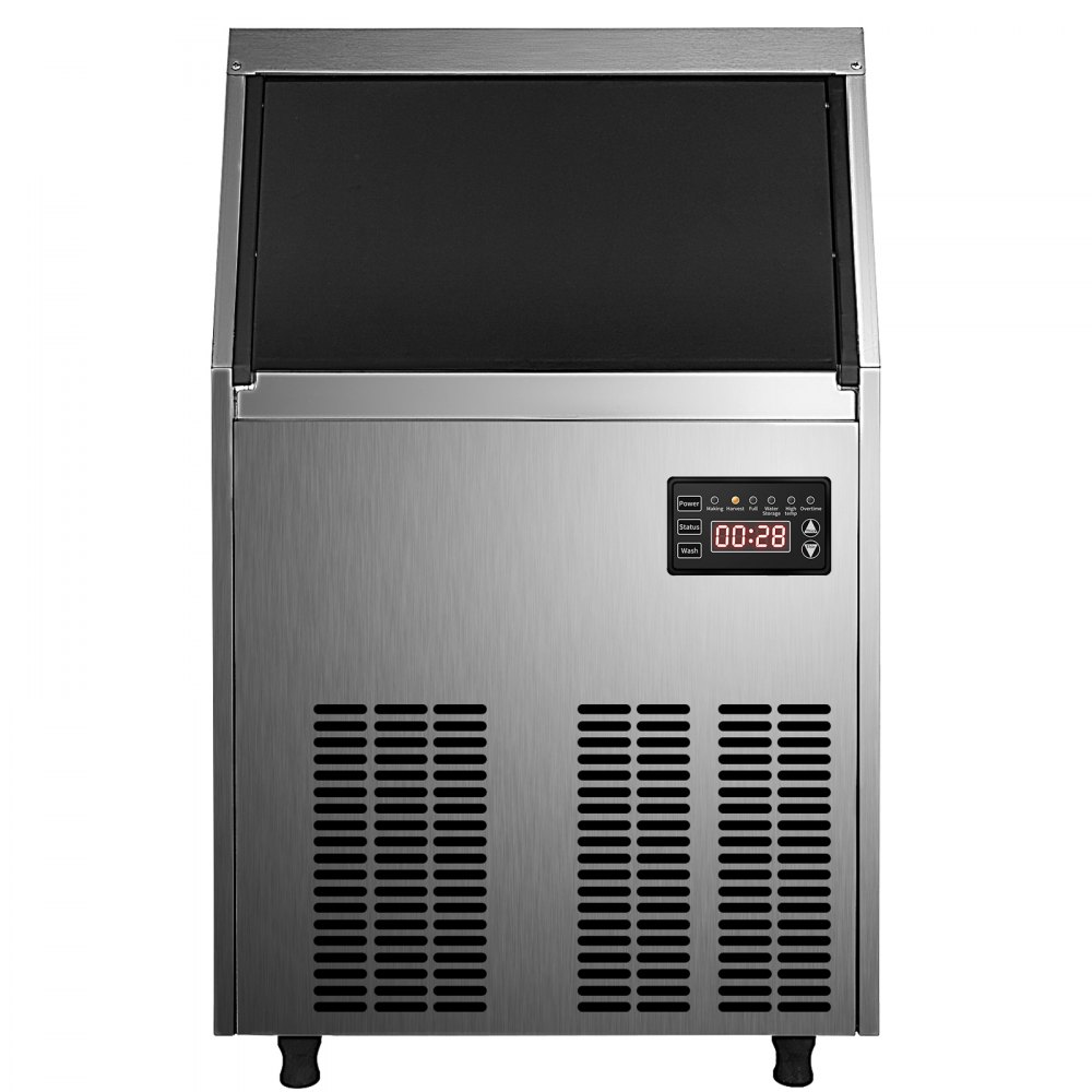 Máquina de hielo comercial VEVOR de 110 V, 150 libras/24 horas con capacidad de almacenamiento de 33 libras, máquina de hielo comercial de acero inoxidable, 45 cubitos de hielo por placa, máquina industrial para hacer hielo, limpieza automática para bar en casa