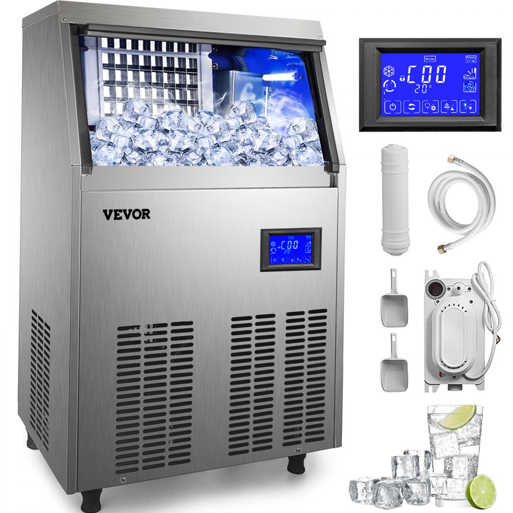 Máquina para hacer hielo comercial VEVOR de 110 V, 120-130 libras/24 horas,  33 libras, máquina de hielo comercial de almacenamiento, totalmente