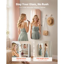 VEVOR Mirror Jewelry Cabinet, 1080 mm Tall, Full-Length Mirror with Storage, Wall Mount/Over the Door Jewelry Armoire Organizer, Rounded Design, Lockable with 2 Keys and a Travel Organizer, White