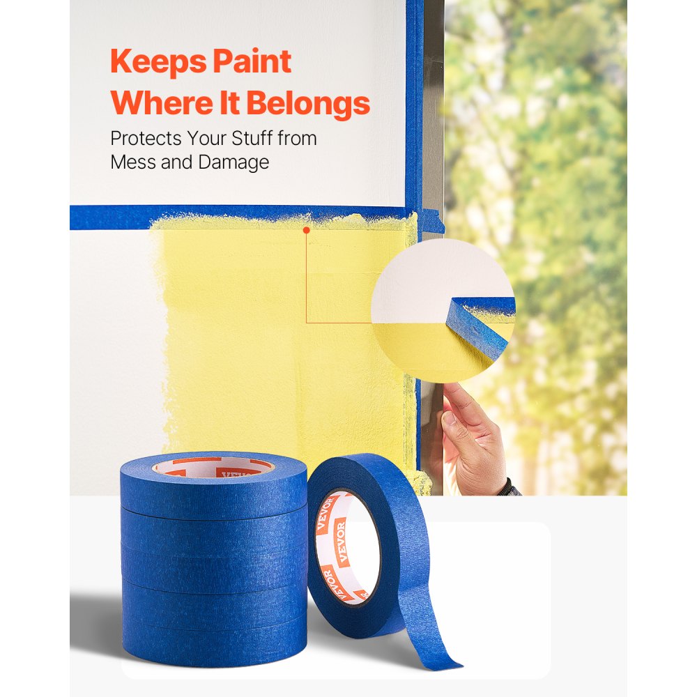 VEVOR Painters Tape, 1 Inch Wide (0.94 In x 60 Yds), 6 Rolls, Blue Painter Tape for Painting, Edge, Trim, Ceiling, Masking Tape Protects Surfaces and Removes Easily, DIY Craft Art, Labeling Decoration
