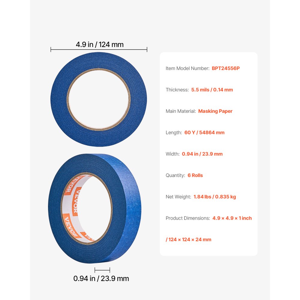 VEVOR Painters Tape, 1 Inch Wide (0.94 In x 60 Yds), 6 Rolls, Blue Painter Tape for Painting, Edge, Trim, Ceiling, Masking Tape Protects Surfaces and Removes Easily, DIY Craft Art, Labeling Decoration