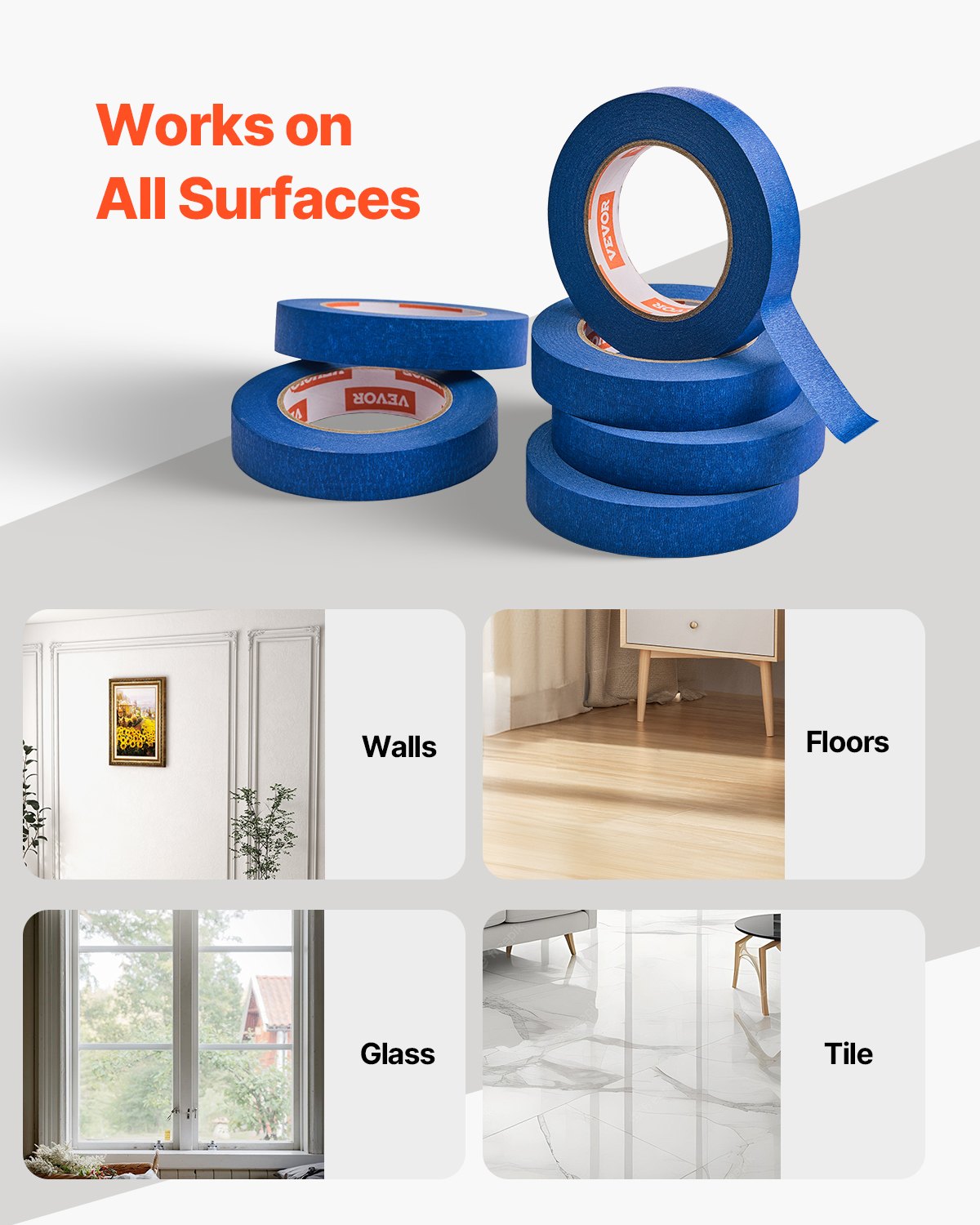 VEVOR Painters Tape, 1 Inch Wide (0.94 In x 60 Yds), 6 Rolls, Blue Painter Tape for Painting, Edge, Trim, Ceiling, Masking Tape Protects Surfaces and Removes Easily, DIY Craft Art, Labeling Decoration