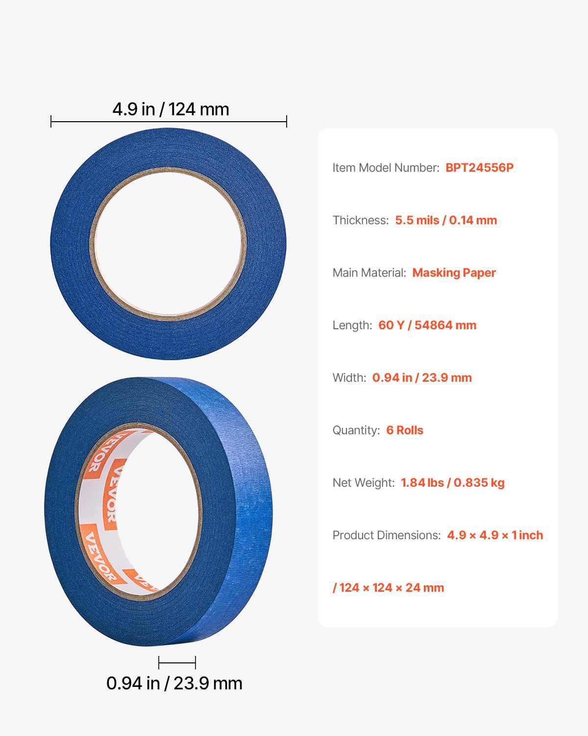 VEVOR Painters Tape, 1 Inch Wide (0.94 In x 60 Yds), 6 Rolls, Blue Painter Tape for Painting, Edge, Trim, Ceiling, Masking Tape Protects Surfaces and Removes Easily, DIY Craft Art, Labeling Decoration