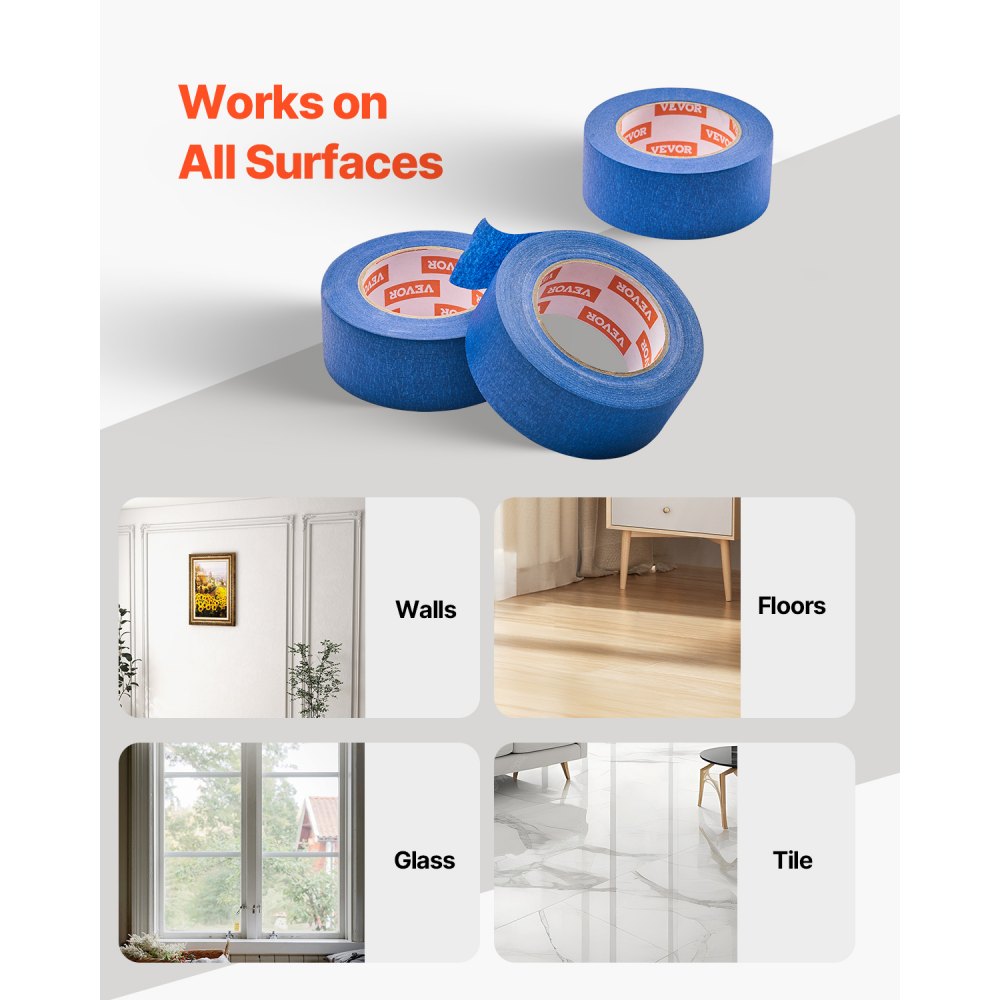 VEVOR Painters Tape, 2 Inch Wide (1.88 In x 60 Yds), 3 Rolls, Blue Painter Tape for Painting, Edge, Trim, Ceiling, Masking Tape Protects Surfaces and Removes Easily, DIY Craft Art, Labeling Decoration