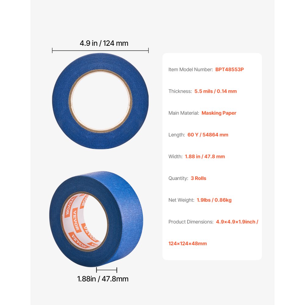 VEVOR Painters Tape, 2 Inch Wide (1.88 In x 60 Yds), 3 Rolls, Blue Painter Tape for Painting, Edge, Trim, Ceiling, Masking Tape Protects Surfaces and Removes Easily, DIY Craft Art, Labeling Decoration