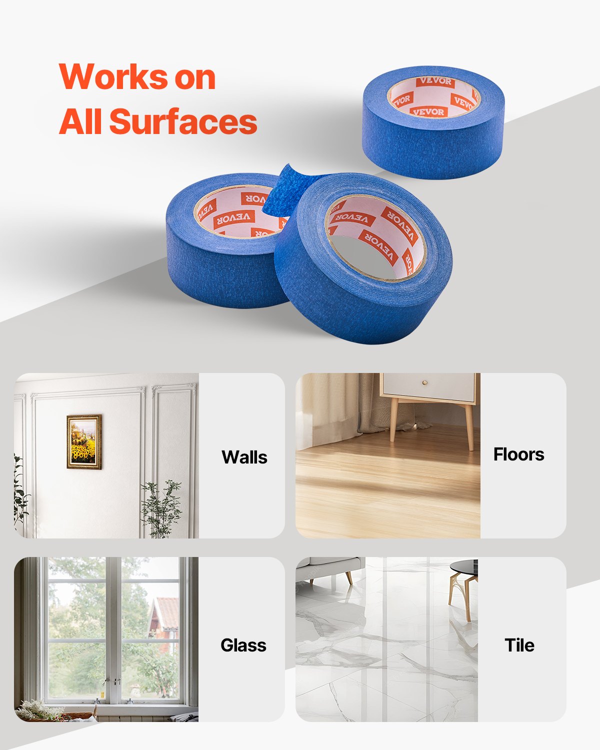 VEVOR Painters Tape, 2 Inch Wide (1.88 In x 60 Yds), 3 Rolls, Blue Painter Tape for Painting, Edge, Trim, Ceiling, Masking Tape Protects Surfaces and Removes Easily, DIY Craft Art, Labeling Decoration
