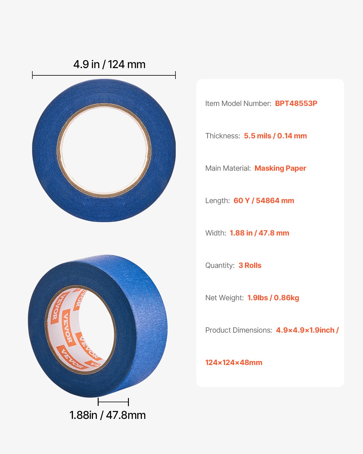VEVOR Painters Tape, 2 Inch Wide (1.88 In x 60 Yds), 3 Rolls, Blue Painter Tape for Painting, Edge, Trim, Ceiling, Masking Tape Protects Surfaces and Removes Easily, DIY Craft Art, Labeling Decoration