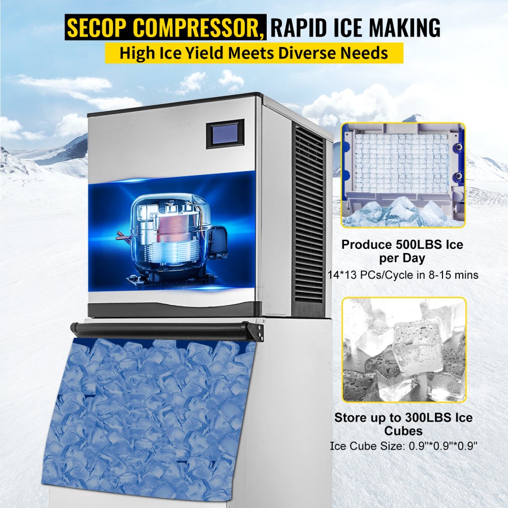 VEVOR Máquina para hacer hielo comercial VEVOR de 110 V, 265 libras/24  horas, máquina de hielo de acero inoxidable de 750 W con capacidad de  almacenamiento de 55 libras, 126 cubitos de
