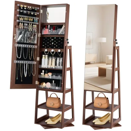 VEVOR 360° Swivel Jewelry Cabinet, 1550 mm Tall, Full-Length Mirror with Storage, Standing Rotatable Jewelry Armoire Organizer, Lockable Door with 2 Keys, Accessory Pouches, and Storage Shelves