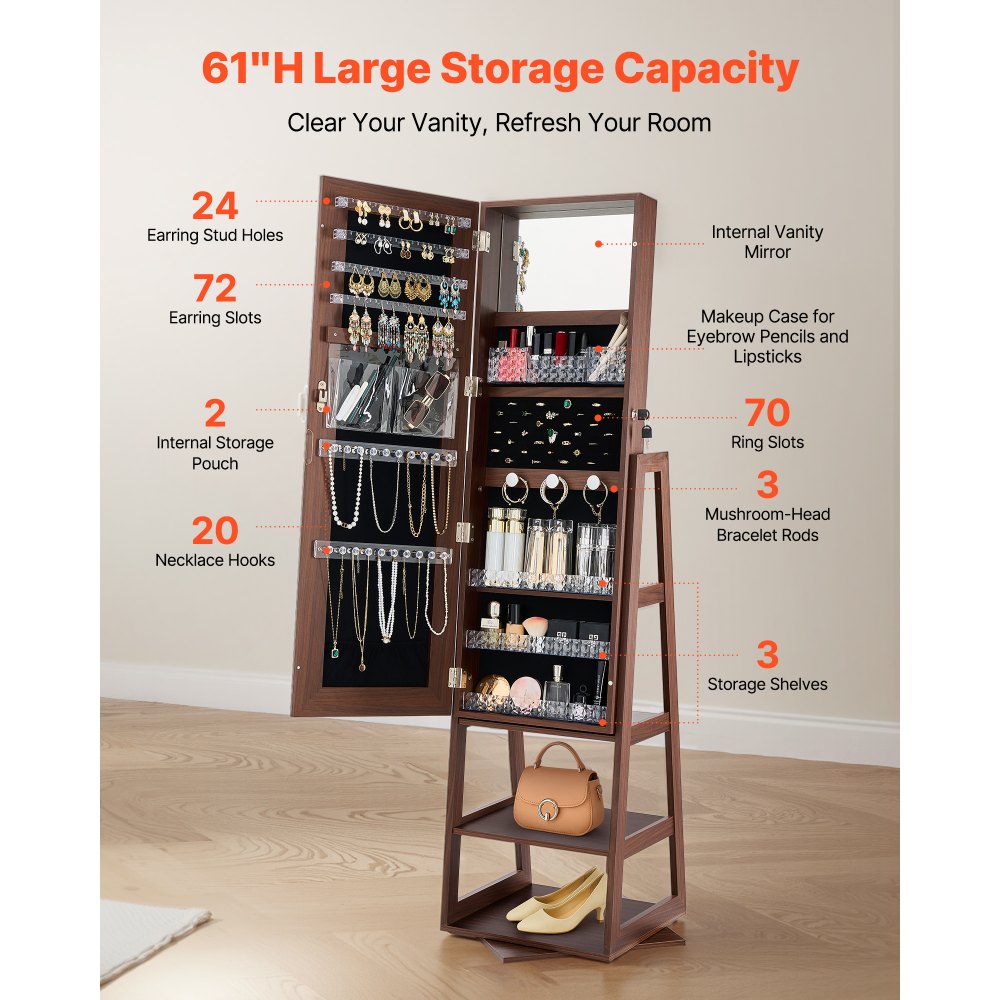VEVOR 360° Swivel Jewelry Cabinet, 1550 mm Tall, Full-Length Mirror with Storage, Standing Rotatable Jewelry Armoire Organizer, Lockable Door with 2 Keys, Accessory Pouches, and Storage Shelves