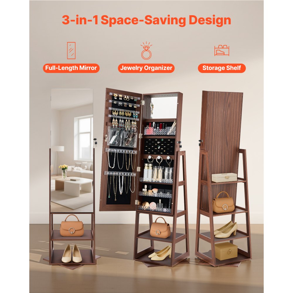 VEVOR 360° Swivel Jewelry Cabinet, 1550 mm Tall, Full-Length Mirror with Storage, Standing Rotatable Jewelry Armoire Organizer, Lockable Door with 2 Keys, Accessory Pouches, and Storage Shelves