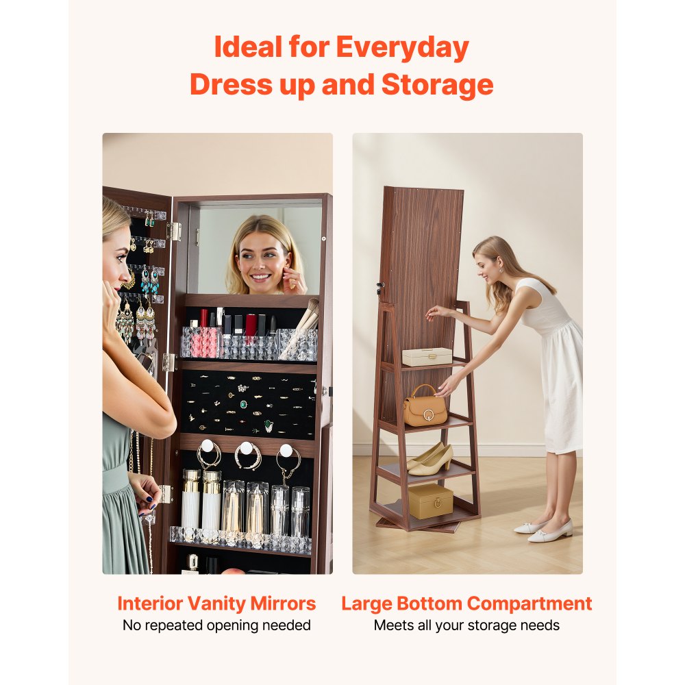 VEVOR 360° Swivel Jewelry Cabinet, 1550 mm Tall, Full-Length Mirror with Storage, Standing Rotatable Jewelry Armoire Organizer, Lockable Door with 2 Keys, Accessory Pouches, and Storage Shelves