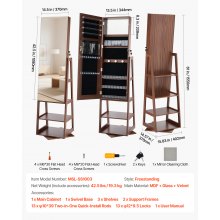 VEVOR 360° Swivel Jewelry Cabinet, 1550 mm Tall, Full-Length Mirror with Storage, Standing Rotatable Jewelry Armoire Organizer, Lockable Door with 2 Keys, Accessory Pouches, and Storage Shelves