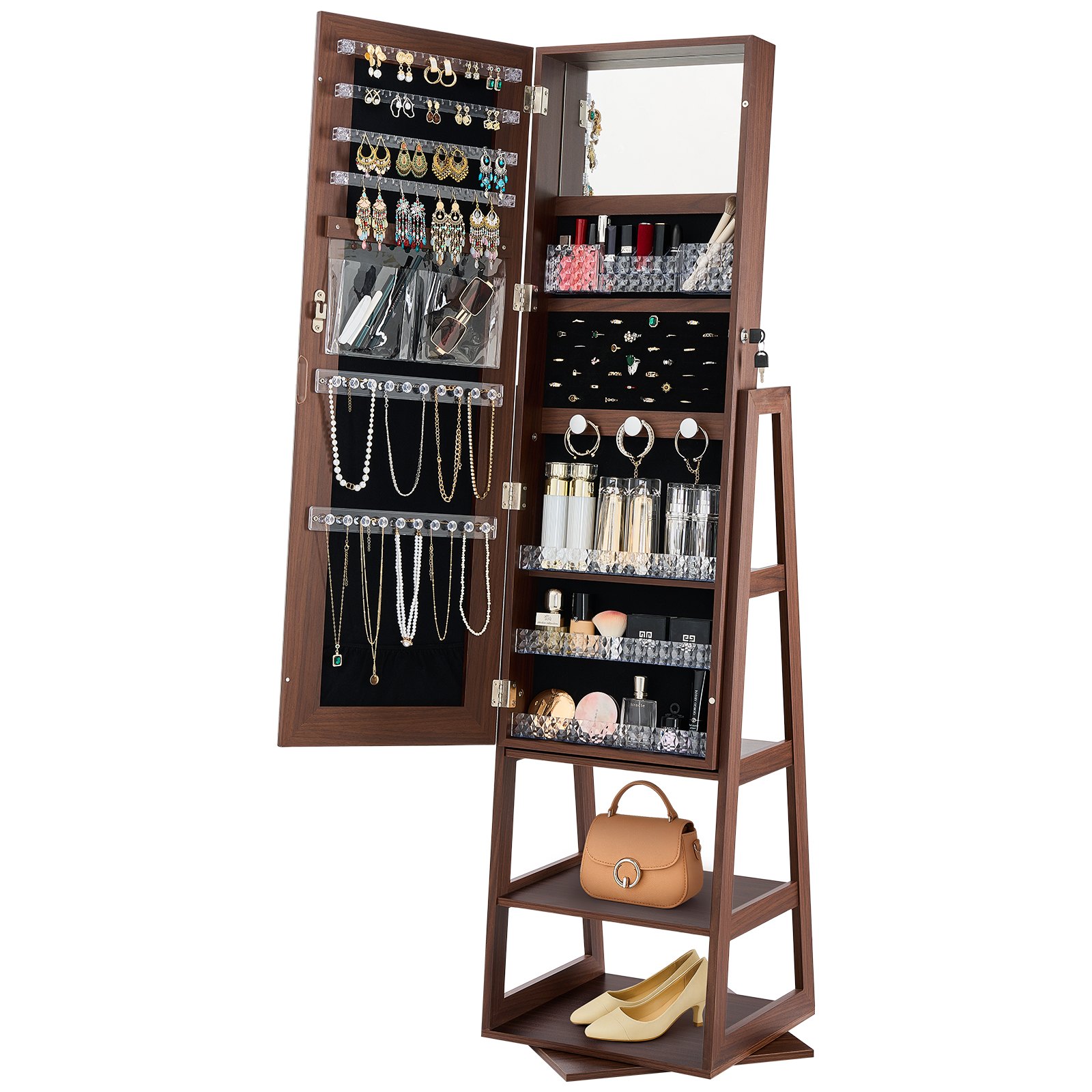 VEVOR 360° Swivel Jewelry Cabinet, 1550 mm Tall, Full-Length Mirror with Storage, Standing Rotatable Jewelry Armoire Organizer, Lockable Door with 2 Keys, Accessory Pouches, and Storage Shelves