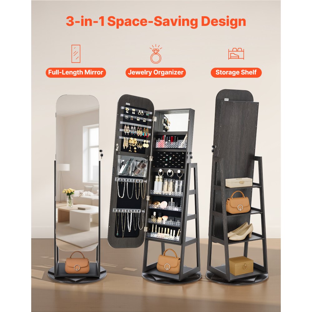 VEVOR 360° Swivel Jewelry Cabinet, 1600 mm Tall, Full-Length Mirror with Storage, Standing Rotatable Jewelry Armoire Organizer, Lockable Door with 2 Keys, Accessory Pouches, and Storage Shelves