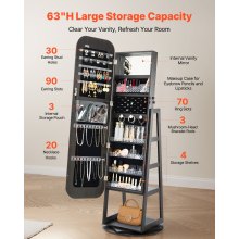 VEVOR 360° Swivel Jewelry Cabinet, 1600 mm Tall, Full-Length Mirror with Storage, Standing Rotatable Jewelry Armoire Organizer, Lockable Door with 2 Keys, Accessory Pouches, and Storage Shelves