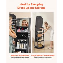 VEVOR 360° Swivel Jewelry Cabinet, 1600 mm Tall, Full-Length Mirror with Storage, Standing Rotatable Jewelry Armoire Organizer, Lockable Door with 2 Keys, Accessory Pouches, and Storage Shelves