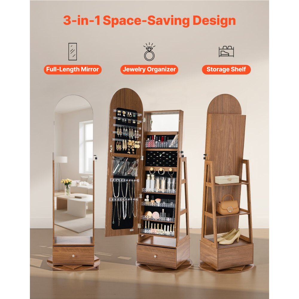 VEVOR 360° Swivel Jewelry Cabinet, 1655 mm Tall, Full-Length Mirror with Storage, Standing Rotatable Jewelry Armoire Organizer, Lockable with 2 Keys, Accessory Pouches, Storage Shelves and Drawer