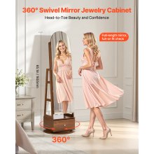 VEVOR 360° Swivel Jewelry Cabinet, 1655 mm Tall, Full-Length Mirror with Storage, Standing Rotatable Jewelry Armoire Organizer, Lockable with 2 Keys, Accessory Pouches, Storage Shelves and Drawer