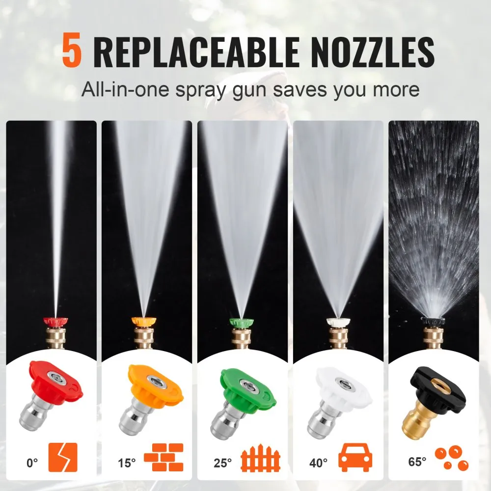 VEVOR high pressure washer gun with 5 replaceable nozzles for varied spray patterns.