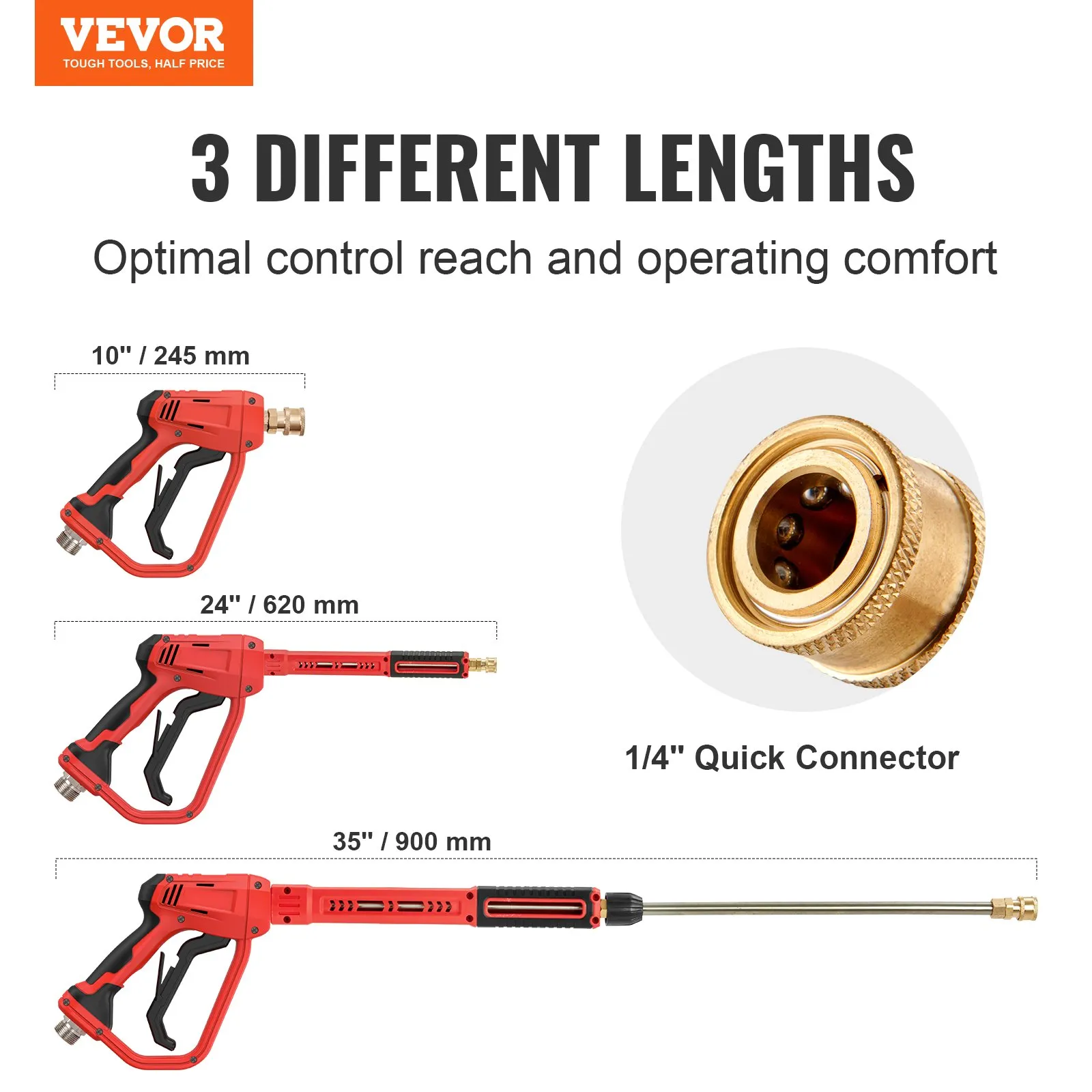 VEVOR high pressure washer gun with 3 different lengths and 1/4&quot; quick connector for optimal control.