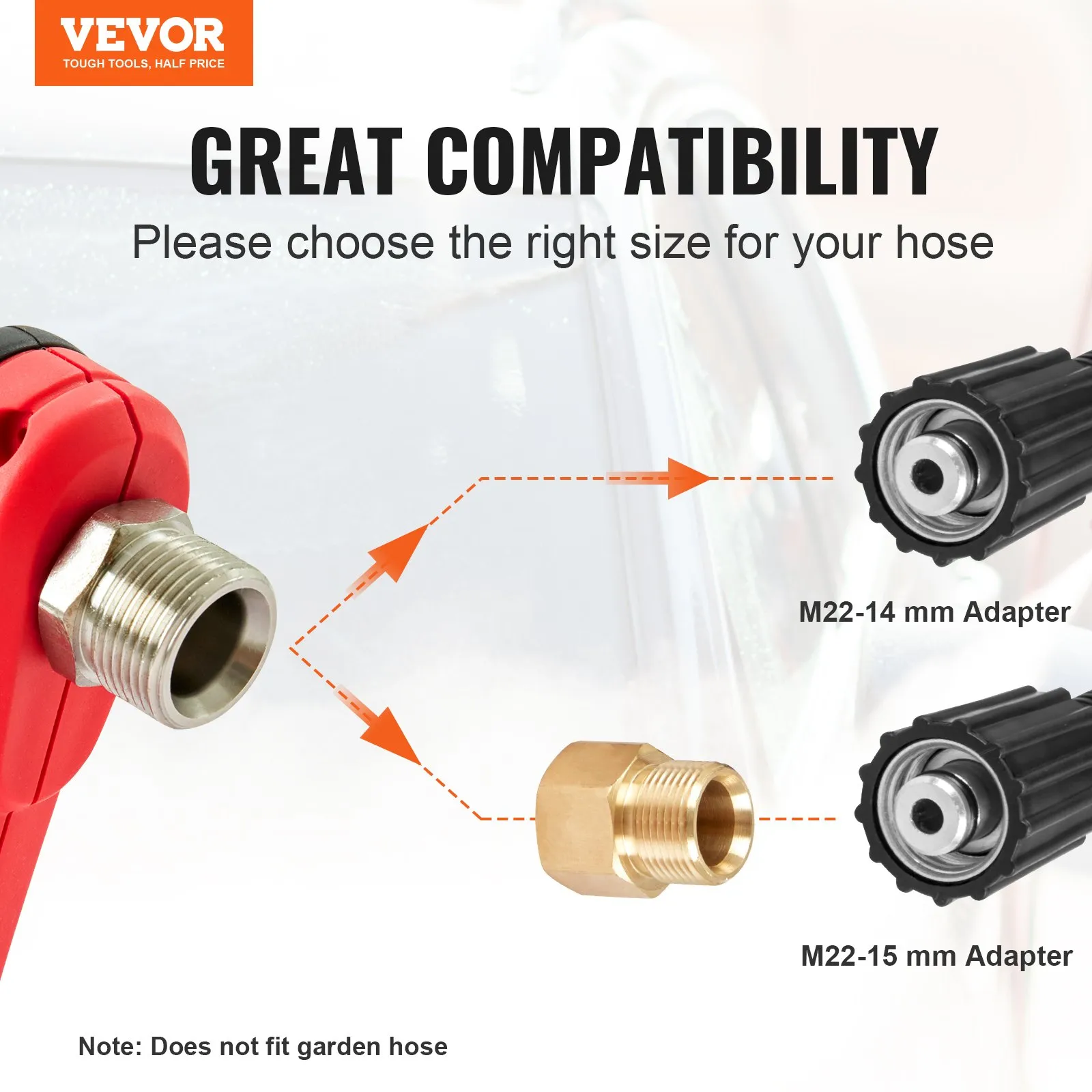 VEVOR high pressure washer gun adapters, showing m22-14 mm and m22-15 mm compatibility options.