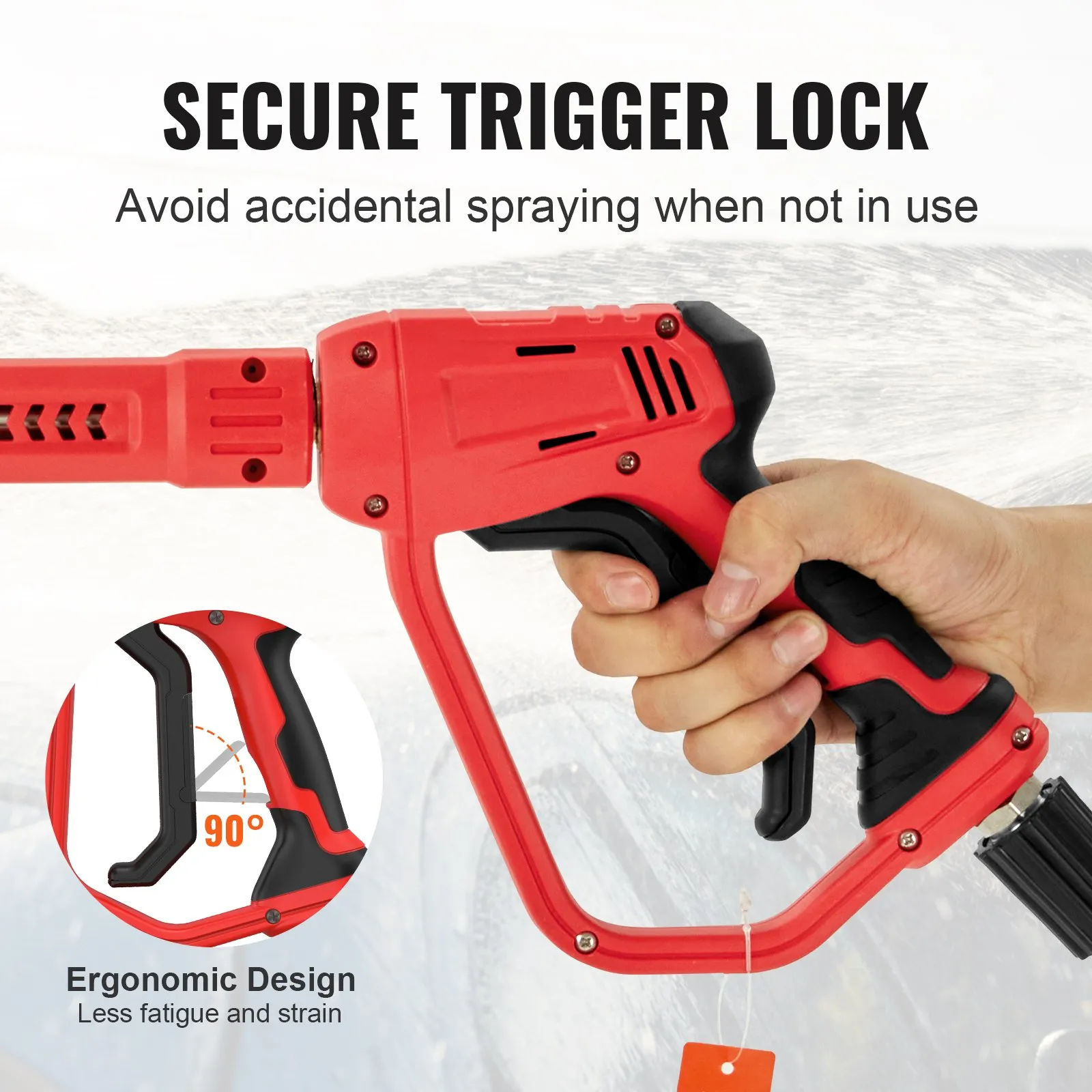hand holding VEVOR high pressure washer gun with secure trigger lock and ergonomic 90-degree design.