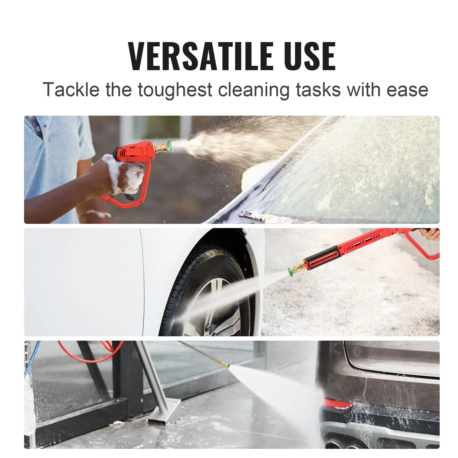 VEVOR high pressure washer gun cleaning car, tire, and garage floor with powerful water spray.