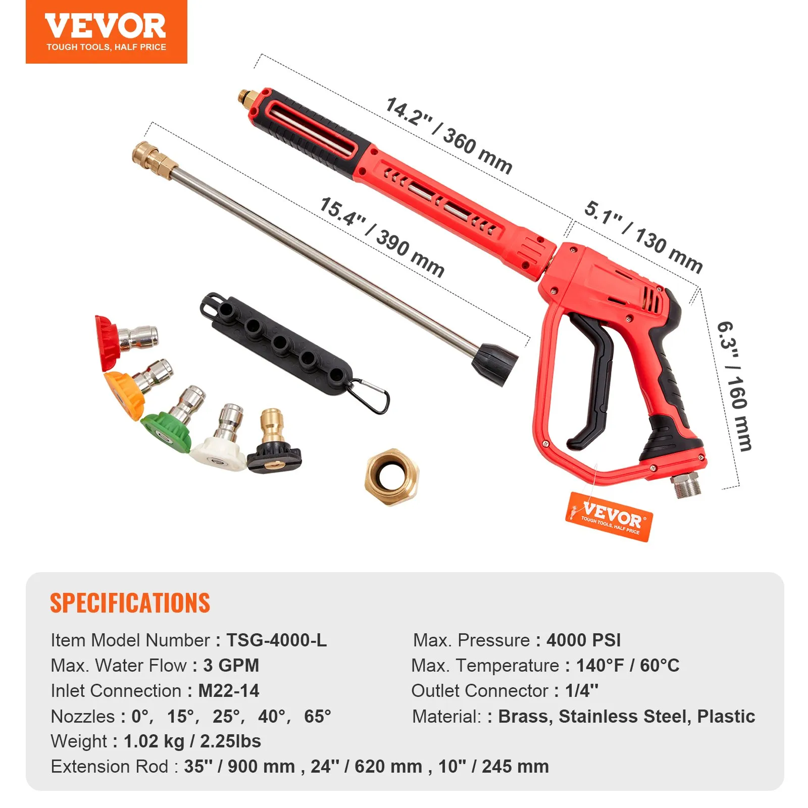 VEVOR high pressure washer gun, red with multiple nozzles and specifications, 4000 psi, m22-14 connector.