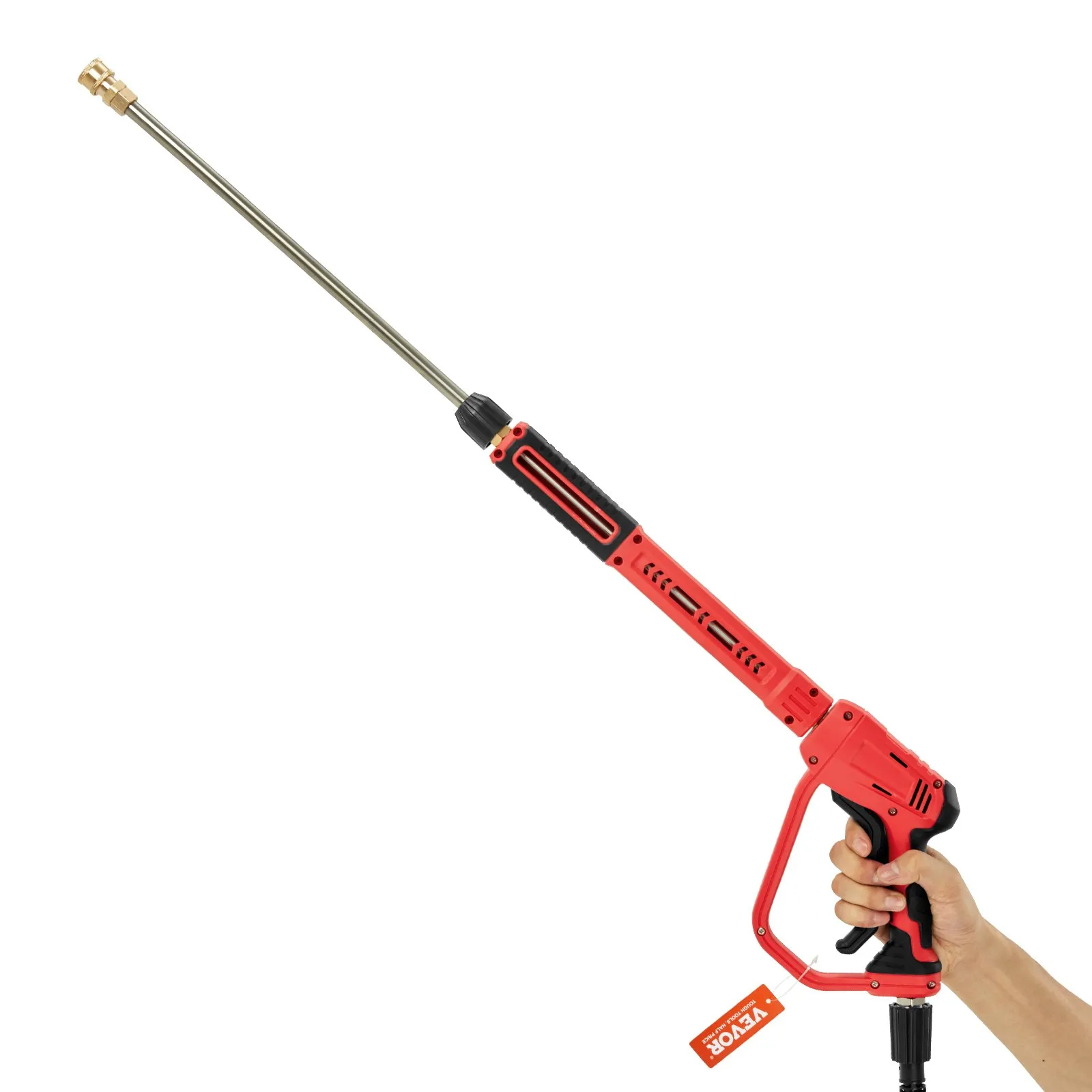 person holding a red VEVOR high pressure washer gun with long stainless steel lance.