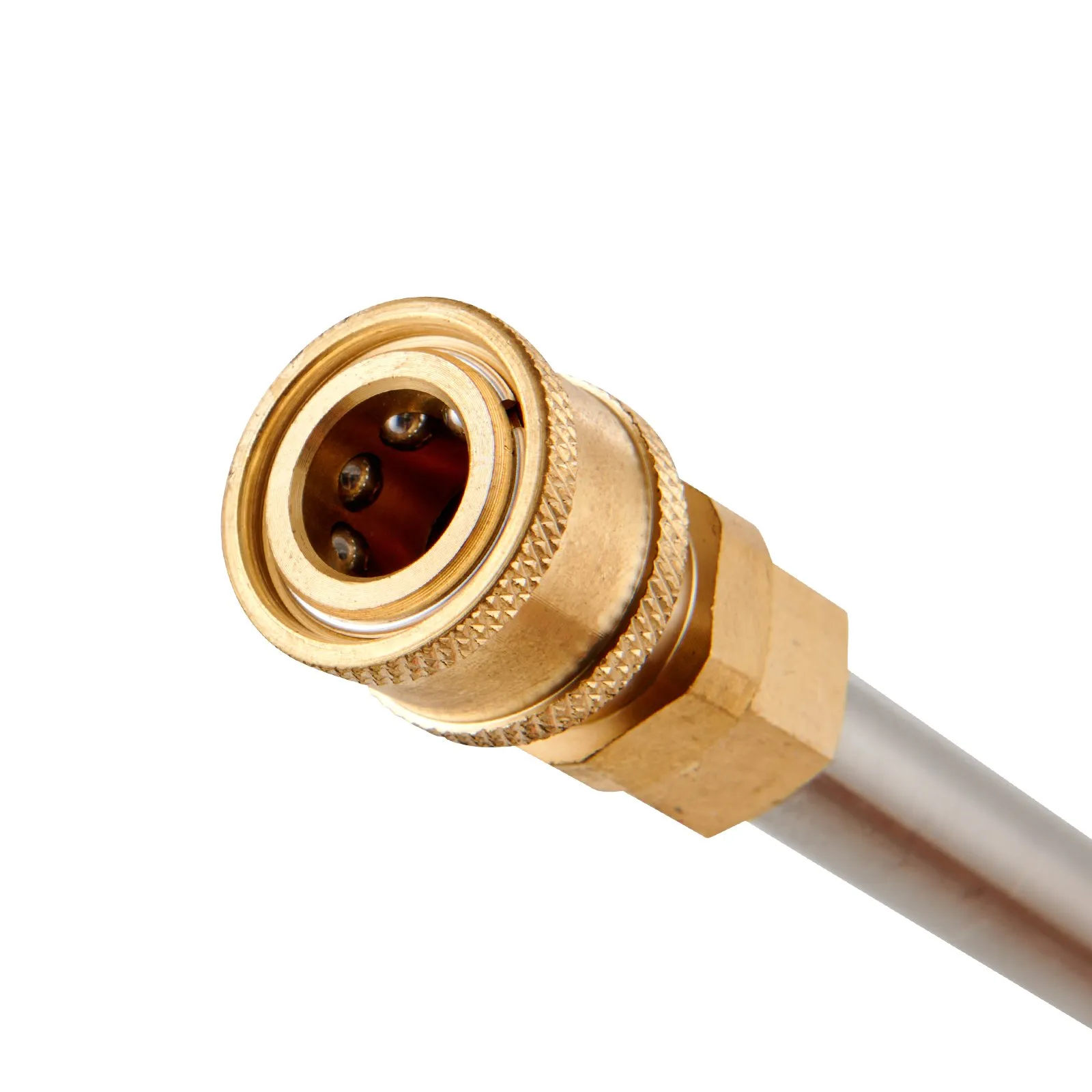 VEVOR high pressure washer gun brass connector close-up with stainless steel rod.