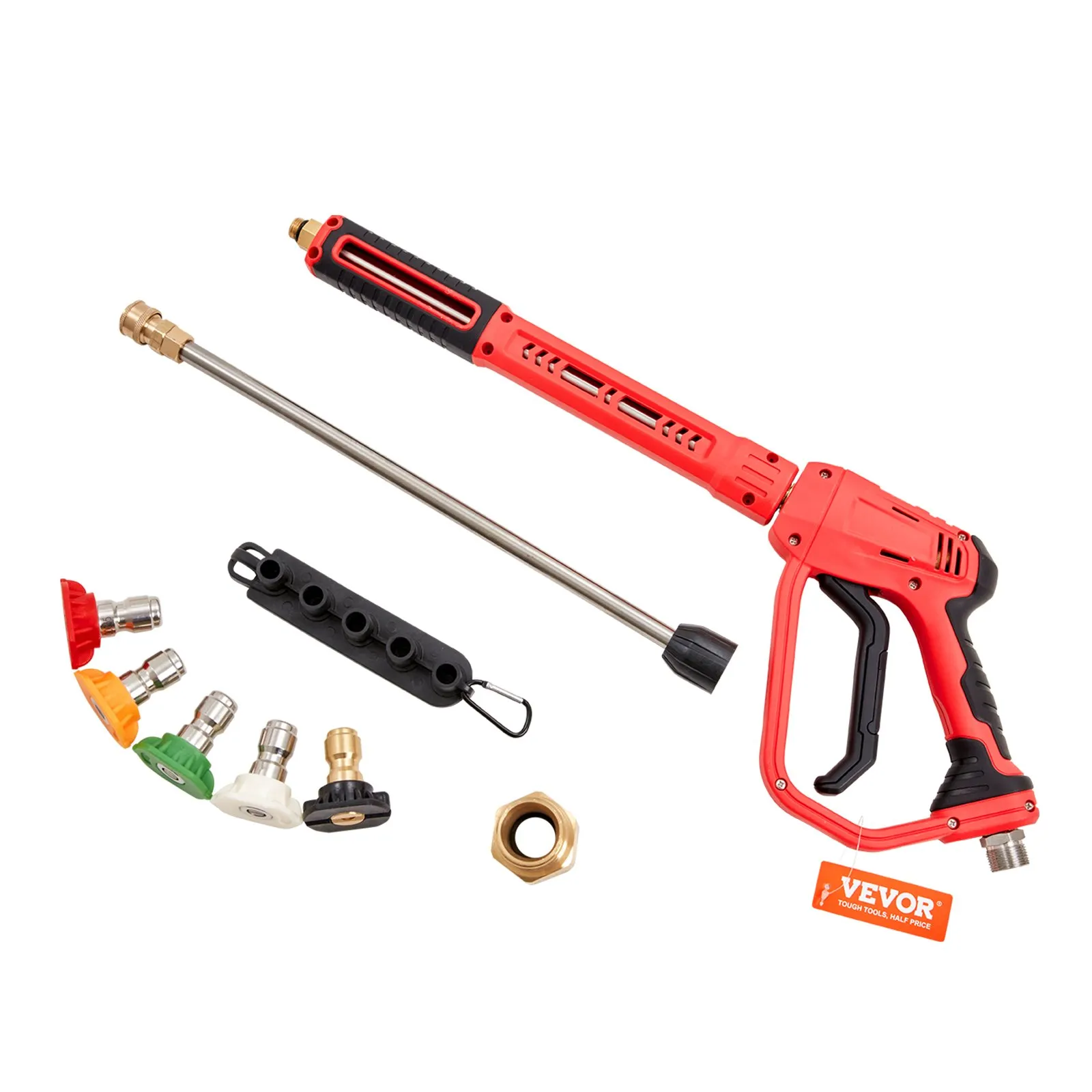 VEVOR high pressure washer gun with multiple nozzles, adjustable lance, and connectors.