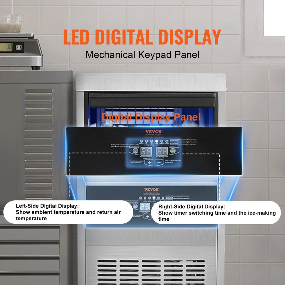 Commercial Ice Makers 90 to 100LBS per 24H Stainless Steel 33LBS Storage Free Standing Commercial Ice Machine 4x9 Ice Cubes LED Display Auto Clean for Restaurant Bar and Coffee Shop