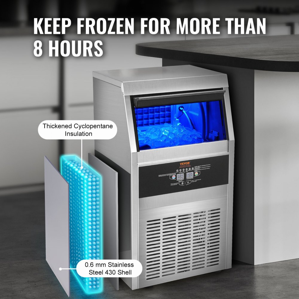 Commercial Ice Makers 90 to 100LBS per 24H Stainless Steel 33LBS Storage Free Standing Commercial Ice Machine 4x9 Ice Cubes LED Display Auto Clean for Restaurant Bar and Coffee Shop