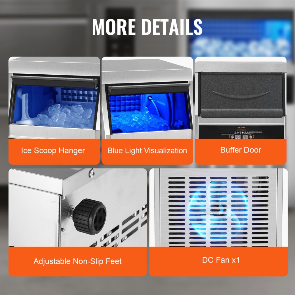 Commercial Ice Makers 90 to 100LBS per 24H Stainless Steel 33LBS Storage Free Standing Commercial Ice Machine 4x9 Ice Cubes LED Display Auto Clean for Restaurant Bar and Coffee Shop