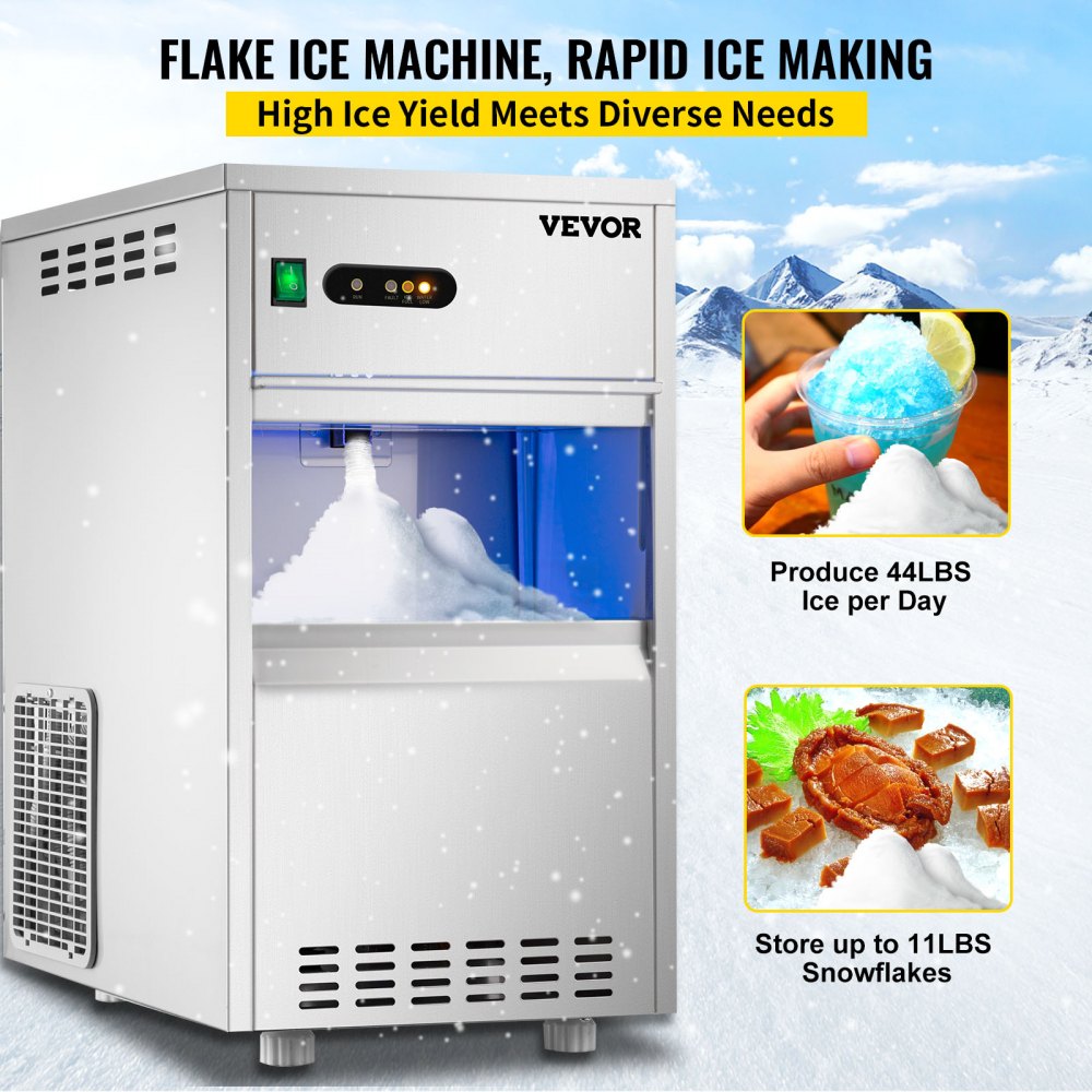 VEVOR snowflake ice maker with high yield, producing 44 lbs ice per day and storing 11 lbs.