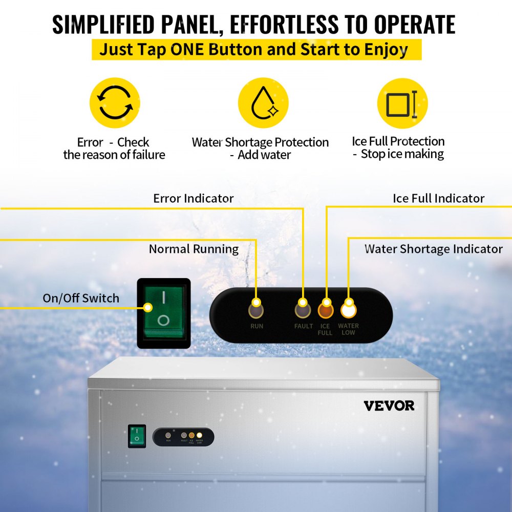 VEVOR snowflake ice maker control panel with indicators for error, water, and ice status.